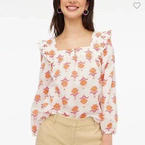 J. Crew Squareneck Ruffle Top Floral Long Sleeves Pink Orange XL